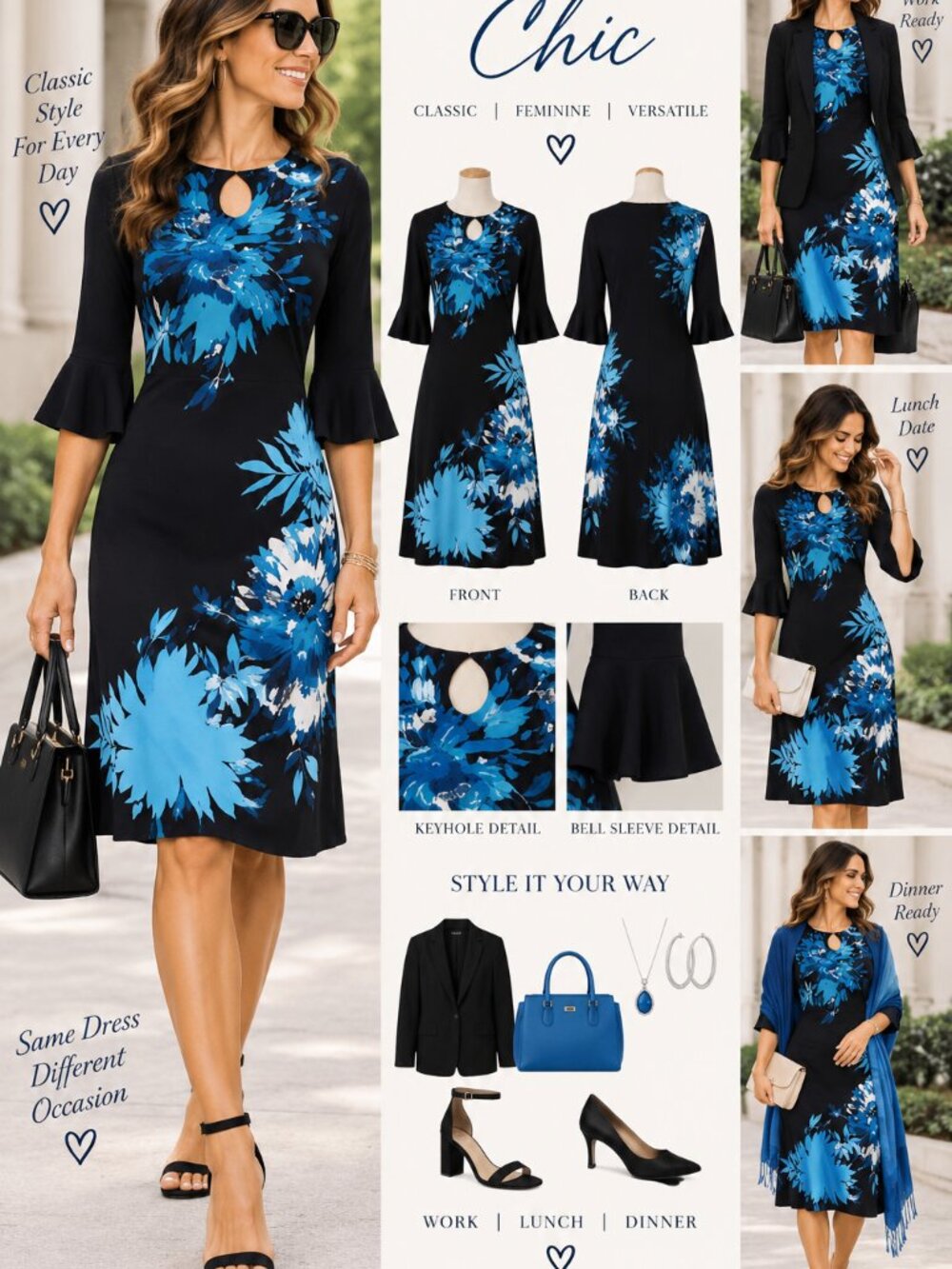 Roz & Ali Black Blue Floral Bell Sleeve Dress Size Large